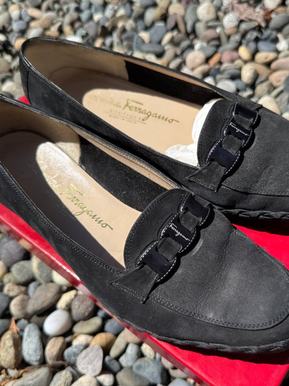 Salvatore FERRAGAMO Loafers Woven Suede Black Women's Flat Shoes Size US 7.5 B